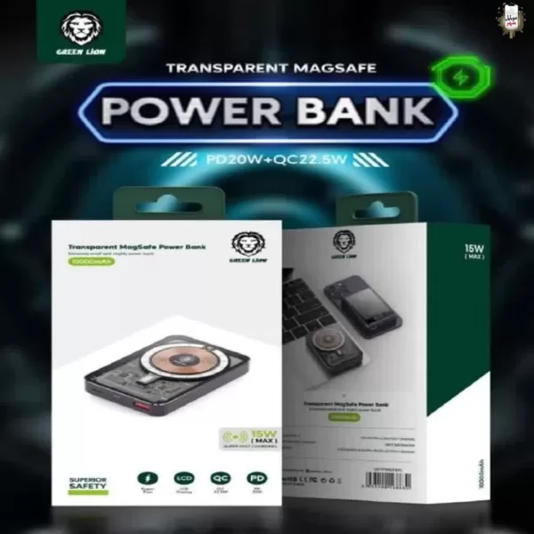 قیمت عمده Green power bank Transparent Magsafe 10000mAh