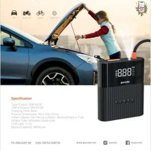 جامپ استارتر چند منظوره با پمپ هوای پرودو Porodo Multi Functional Jump Starter With Air Pump