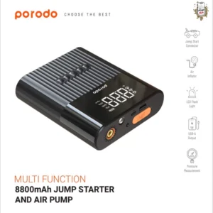 جامپ استارتر چند منظوره با پمپ هوای پرودو Porodo Multi Functional Jump Starter With Air Pump PD-2IN1JSAP-BK