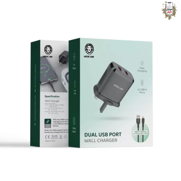 شارژر دیواری دو پورت USB همراه با کابل لایتنینگ گرین Green DUAL USB Port Wall Charger GL-WC09