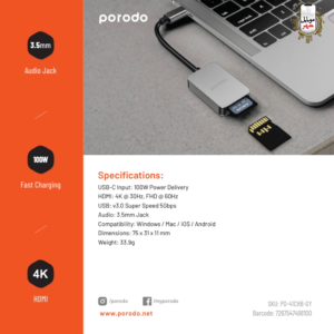 Porodo 4iN1 HDMI 4K USB-C Hub PD-41CHB-GY