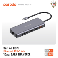 Porodo 9iN1 4K HDMI Ethernet USB-C Hub PD-91CHB-GY