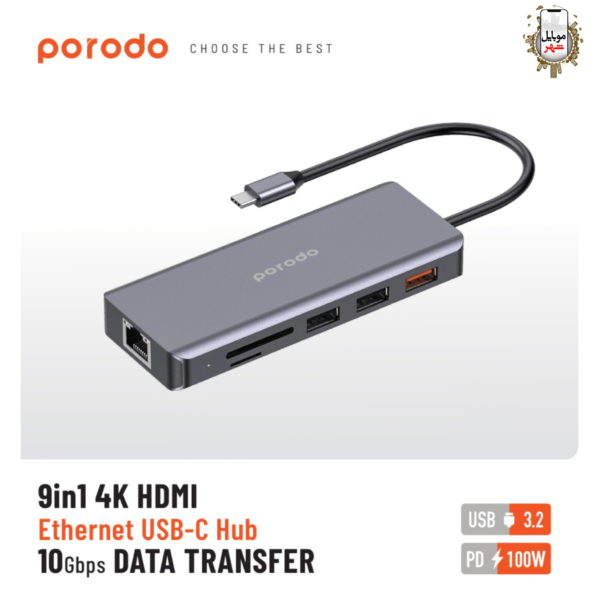 Porodo 9iN1 4K HDMI Ethernet USB-C Hub PD-91CHB-GY