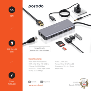 Porodo 9iN1 4K HDMI Ethernet USB-C Hub -