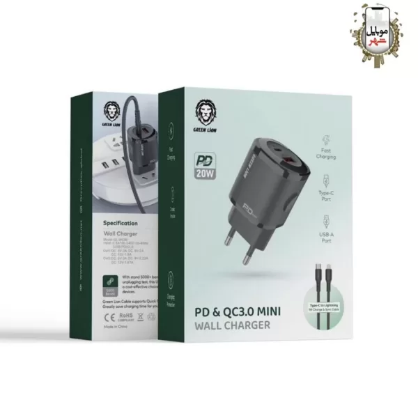 شارژر مینی دیواری با کابل تایپ سی به لایتنینگ گرین Green PD & QC3.0 Mini Wall Charger GL-WC09